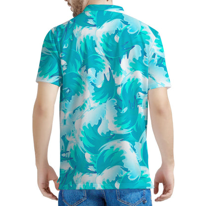 Blue Surfing Wave Pattern Print Men's Polo Shirt