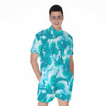 Blue Surfing Wave Pattern Print Men's Rompers