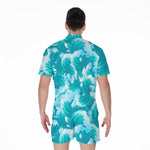 Blue Surfing Wave Pattern Print Men's Rompers