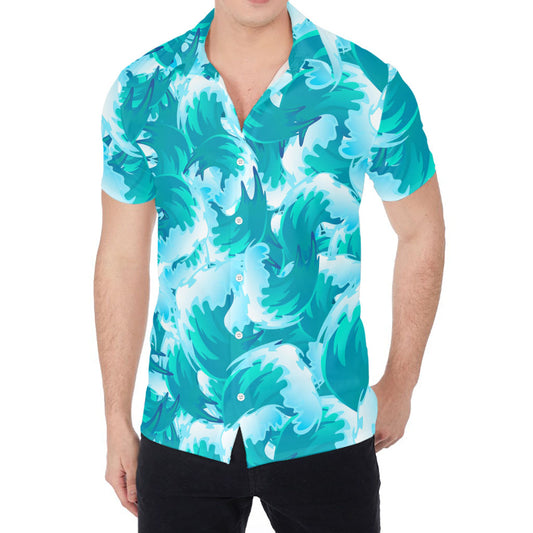 Blue Surfing Wave Pattern Print Men's Shirt