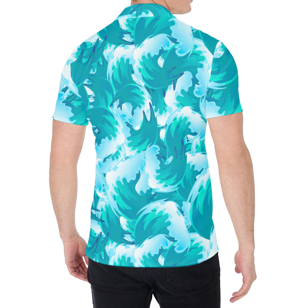 Blue Surfing Wave Pattern Print Men's Shirt