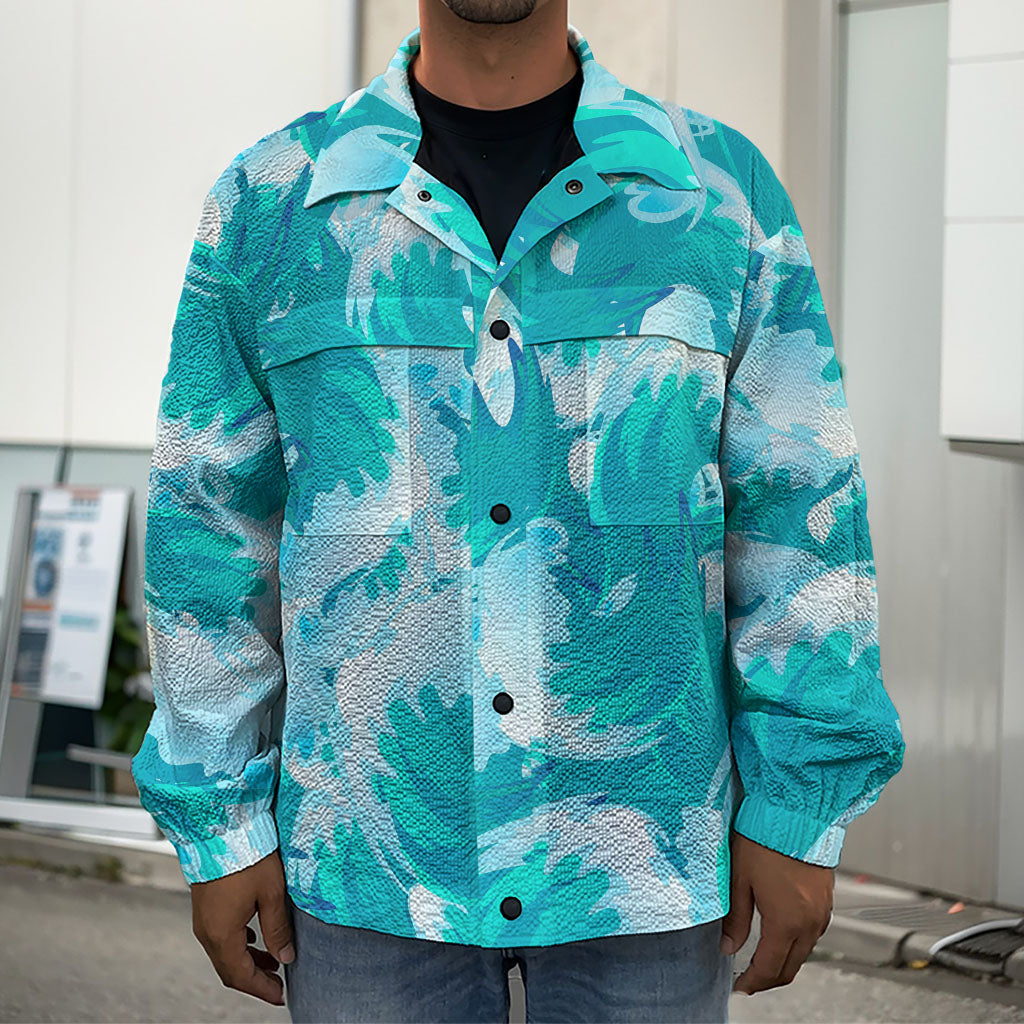 Blue Surfing Wave Pattern Print Men's Shirt Jacket