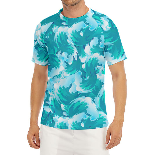 Blue Surfing Wave Pattern Print Men's Short Sleeve Rash Guard