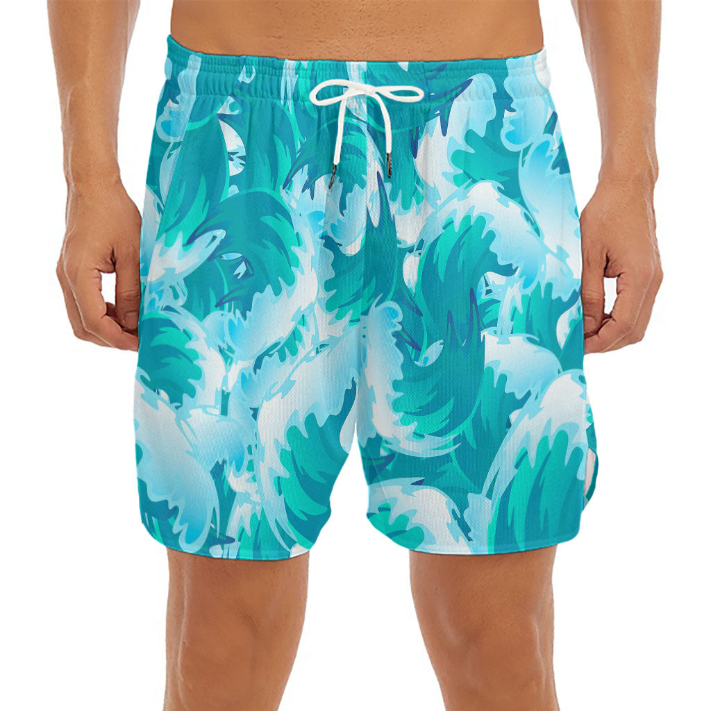 Blue Surfing Wave Pattern Print Men's Split Running Shorts