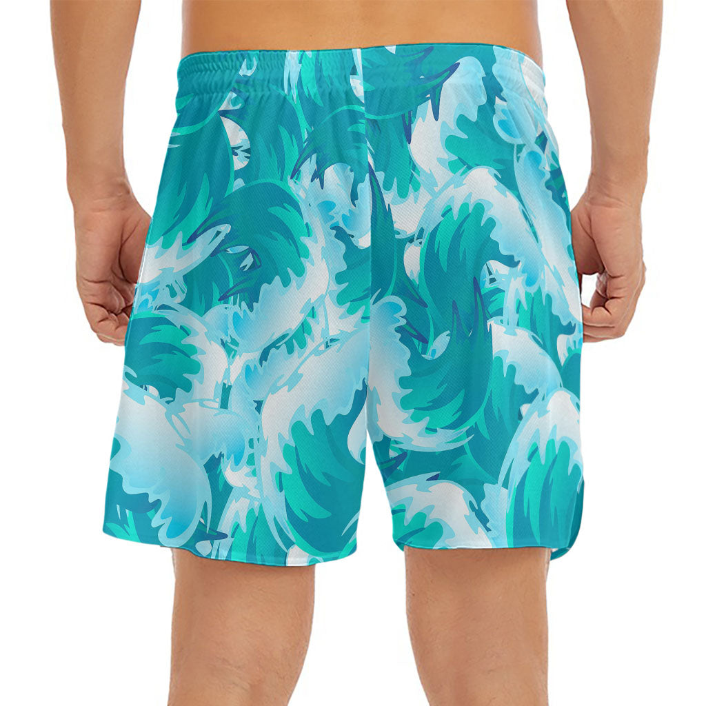 Blue Surfing Wave Pattern Print Men's Split Running Shorts