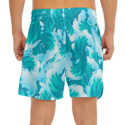 Blue Surfing Wave Pattern Print Men's Split Running Shorts