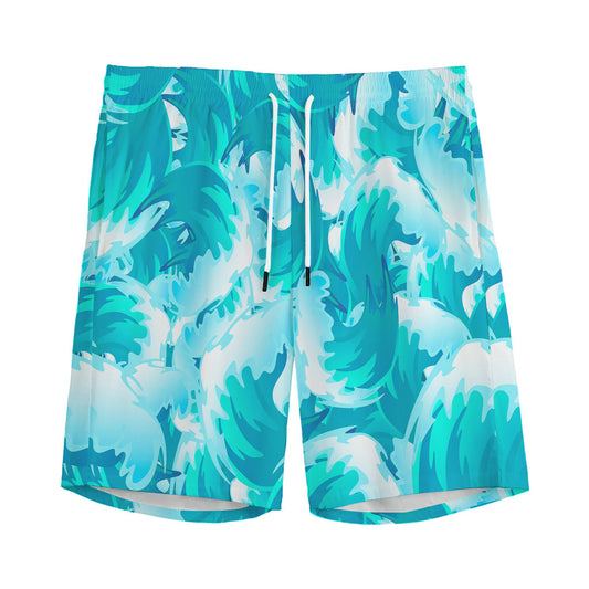 Blue Surfing Wave Pattern Print Men's Sports Shorts