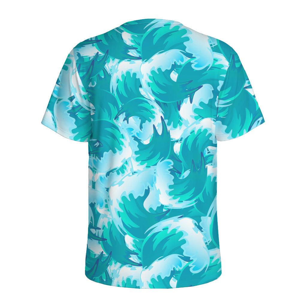 Blue Surfing Wave Pattern Print Men's Sports T-Shirt