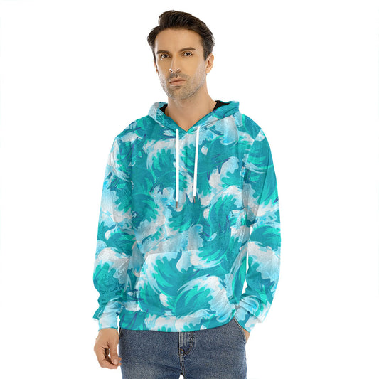 Blue Surfing Wave Pattern Print Men's Velvet Pullover Hoodie