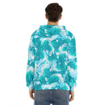 Blue Surfing Wave Pattern Print Men's Velvet Pullover Hoodie