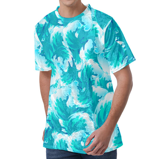 Blue Surfing Wave Pattern Print Men's Velvet T-Shirt