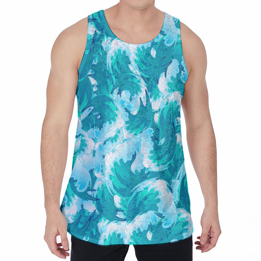 Blue Surfing Wave Pattern Print Men's Velvet Tank Top
