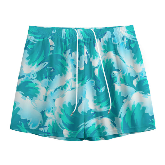 Blue Surfing Wave Pattern Print Mesh Shorts