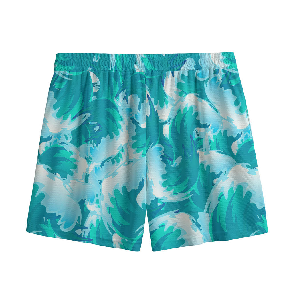 Blue Surfing Wave Pattern Print Mesh Shorts