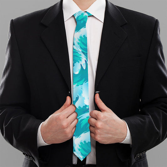 Blue Surfing Wave Pattern Print Necktie
