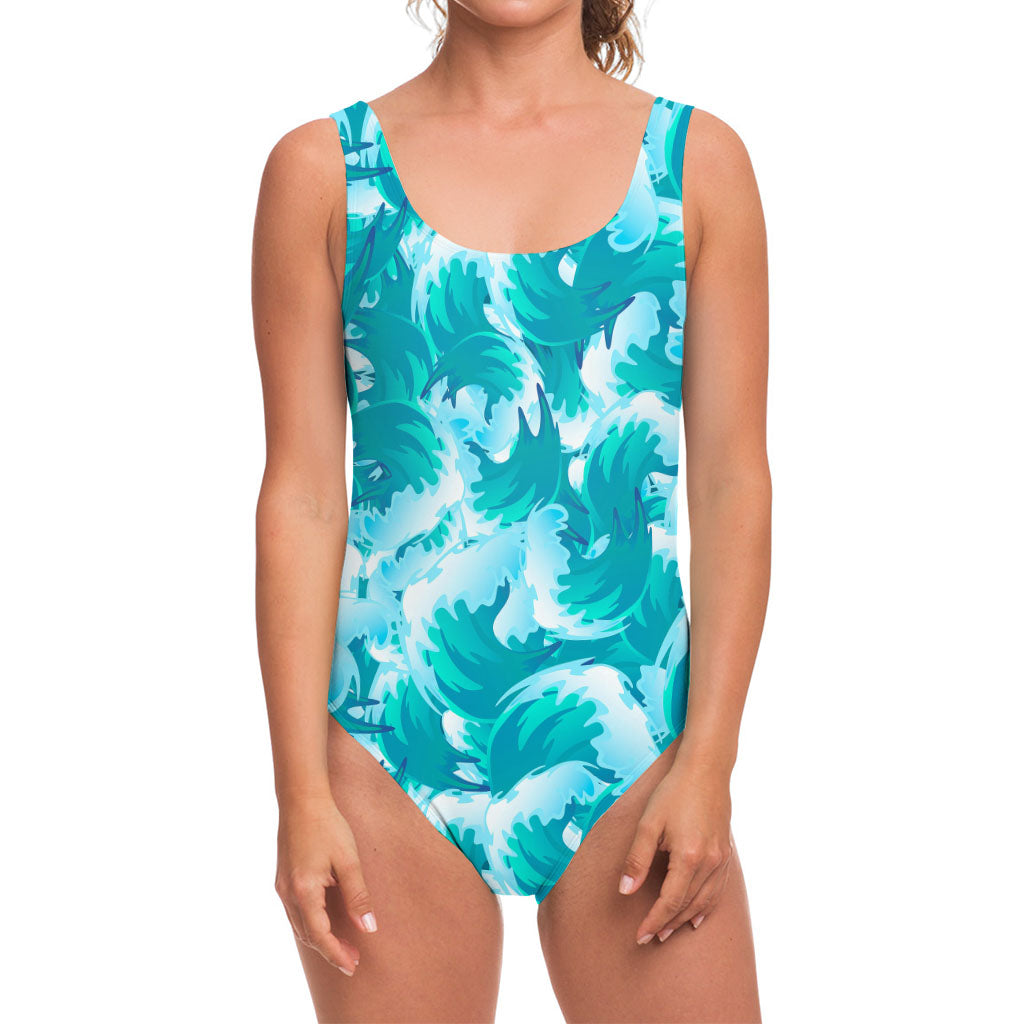 Blue Surfing Wave Pattern Print One Piece Swimsuit