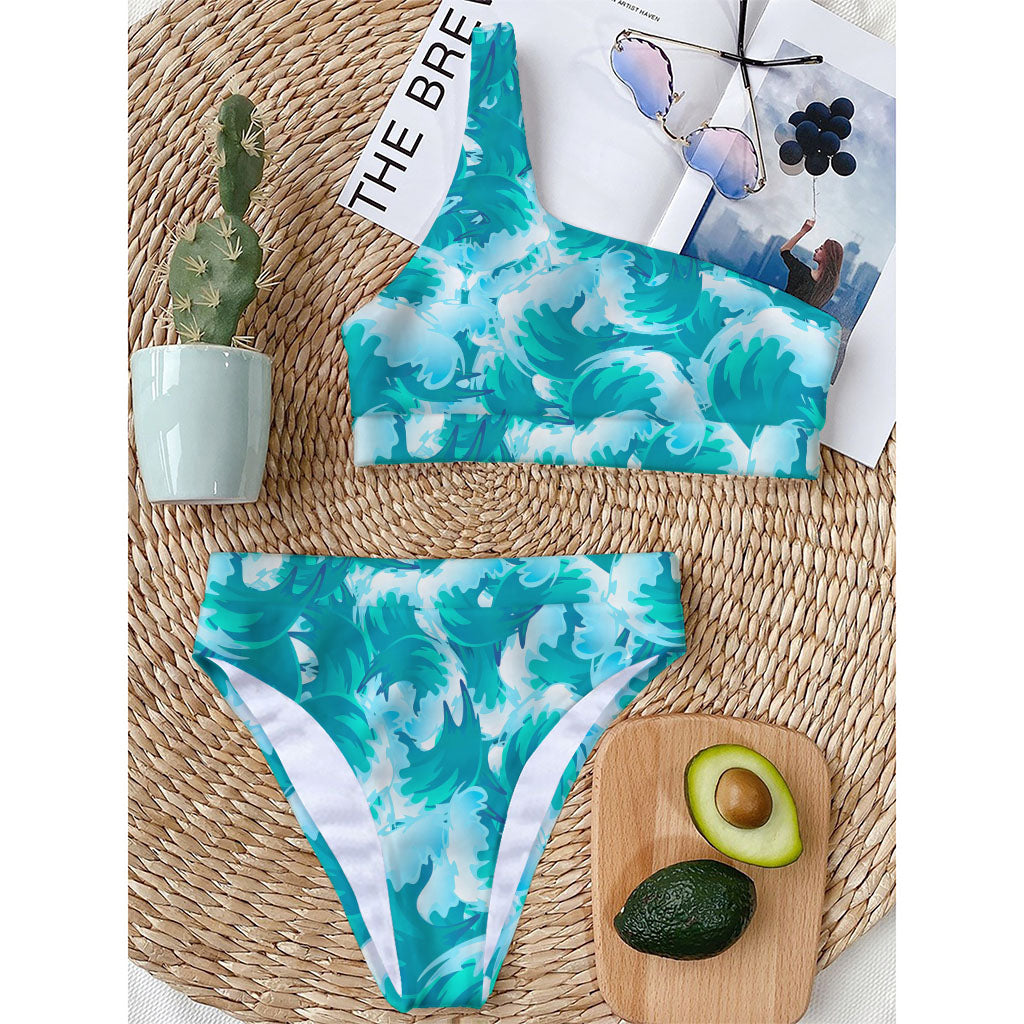 Blue Surfing Wave Pattern Print One Shoulder Bikini Top