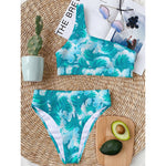 Blue Surfing Wave Pattern Print One Shoulder Bikini Top