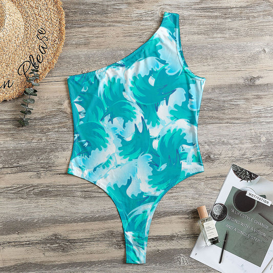 Blue Surfing Wave Pattern Print One Shoulder Bodysuit
