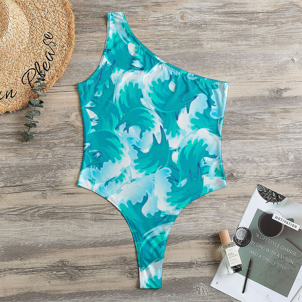 Blue Surfing Wave Pattern Print One Shoulder Bodysuit