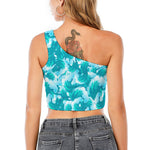 Blue Surfing Wave Pattern Print One Shoulder Crop Top