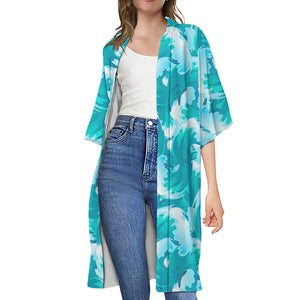 Blue Surfing Wave Pattern Print Open Front Beach Cover Up