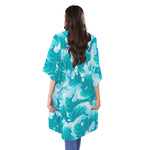 Blue Surfing Wave Pattern Print Open Front Beach Cover Up