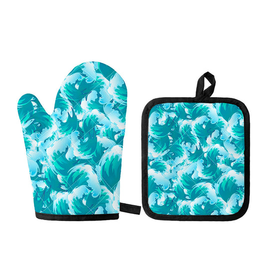 Blue Surfing Wave Pattern Print Oven Mitt And Pot Holder Set