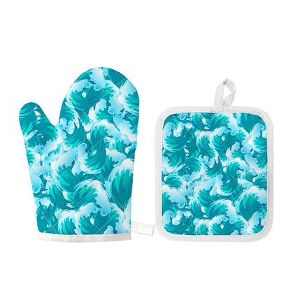 Blue Surfing Wave Pattern Print Oven Mitt And Pot Holder Set