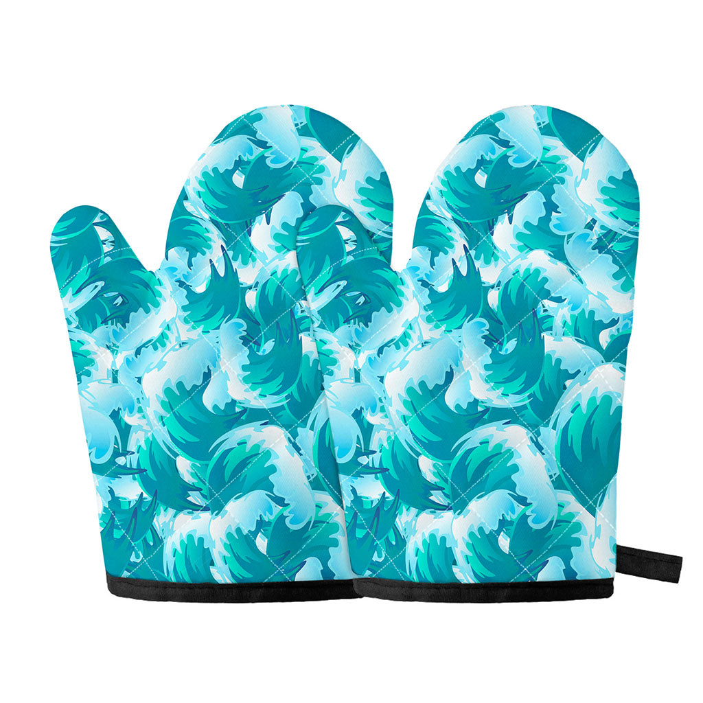 Blue Surfing Wave Pattern Print Oven Mitts