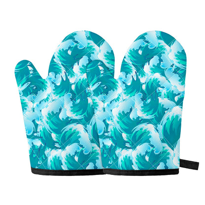 Blue Surfing Wave Pattern Print Oven Mitts