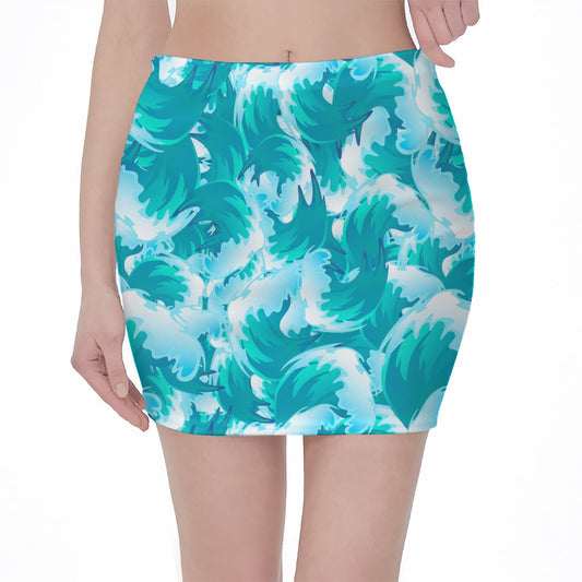 Blue Surfing Wave Pattern Print Pencil Mini Skirt