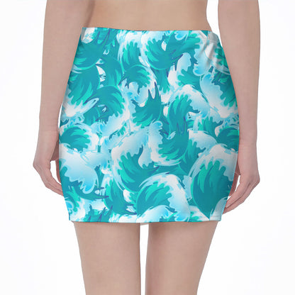 Blue Surfing Wave Pattern Print Pencil Mini Skirt