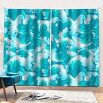 Blue Surfing Wave Pattern Print Pencil Pleat Curtains