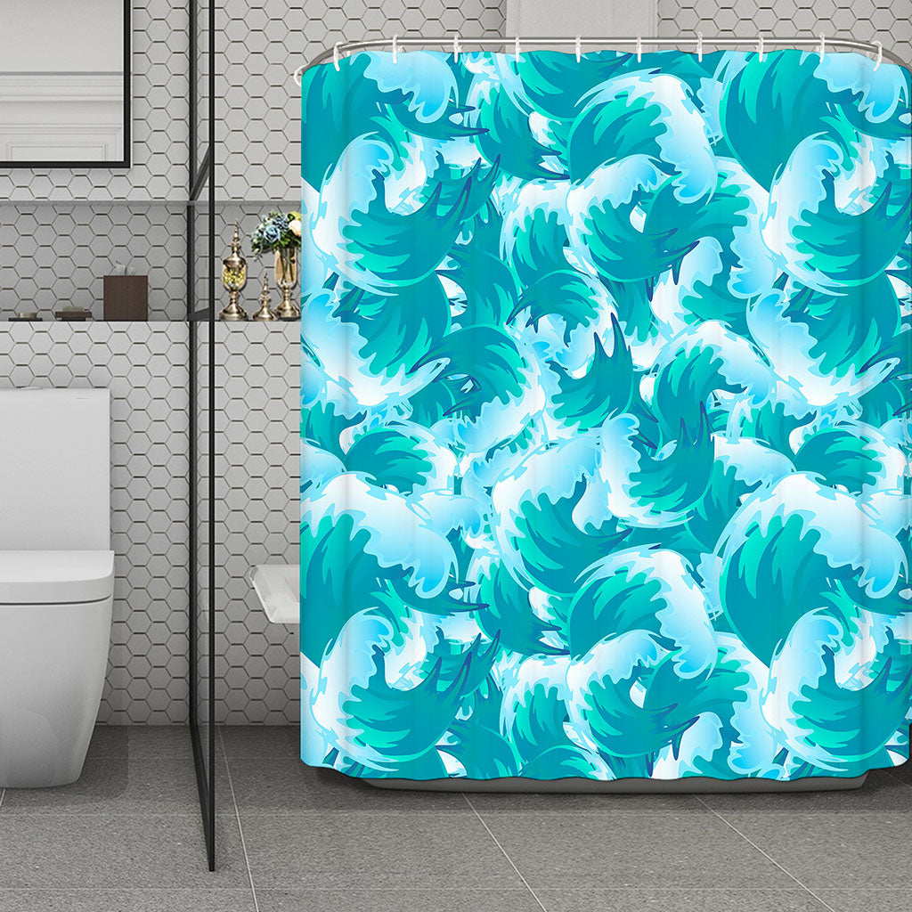 Blue Surfing Wave Pattern Print Polyester Shower Curtain