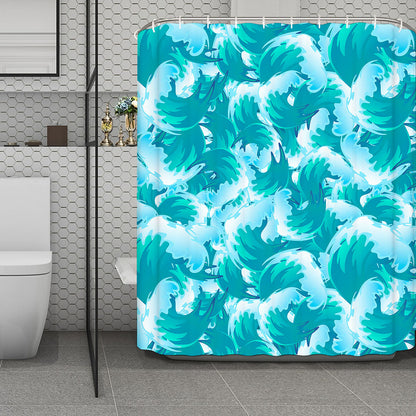 Blue Surfing Wave Pattern Print Polyester Shower Curtain