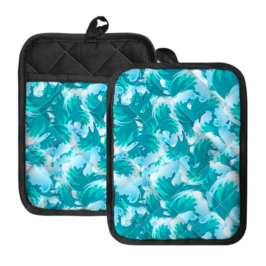 Blue Surfing Wave Pattern Print Pot Holders With Pocket