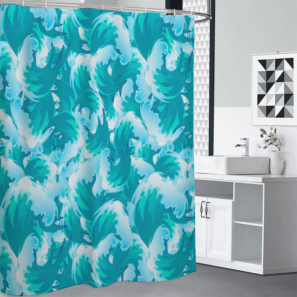 Blue Surfing Wave Pattern Print Premium Shower Curtain