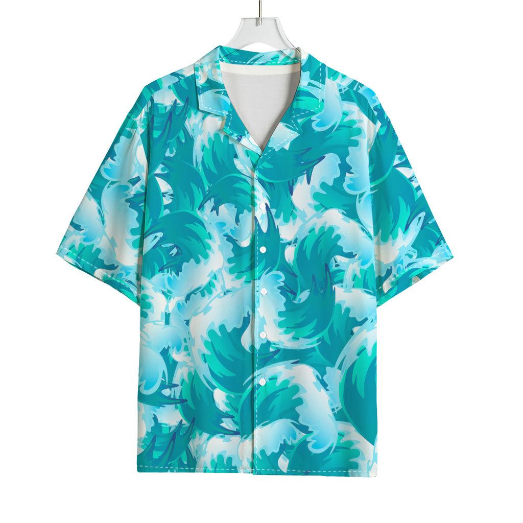 Blue Surfing Wave Pattern Print Rayon Hawaiian Shirt