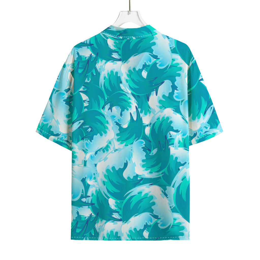 Blue Surfing Wave Pattern Print Rayon Hawaiian Shirt