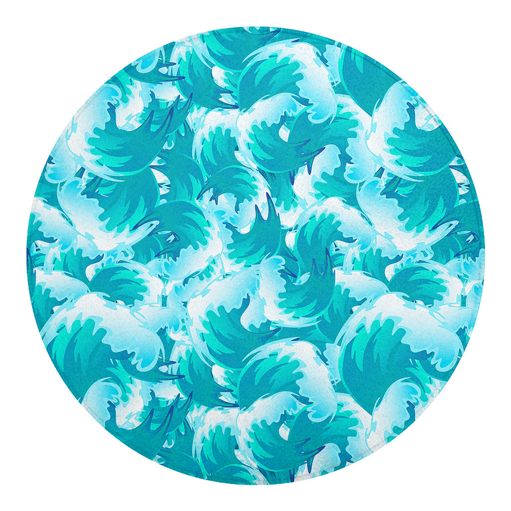 Blue Surfing Wave Pattern Print Round Blanket
