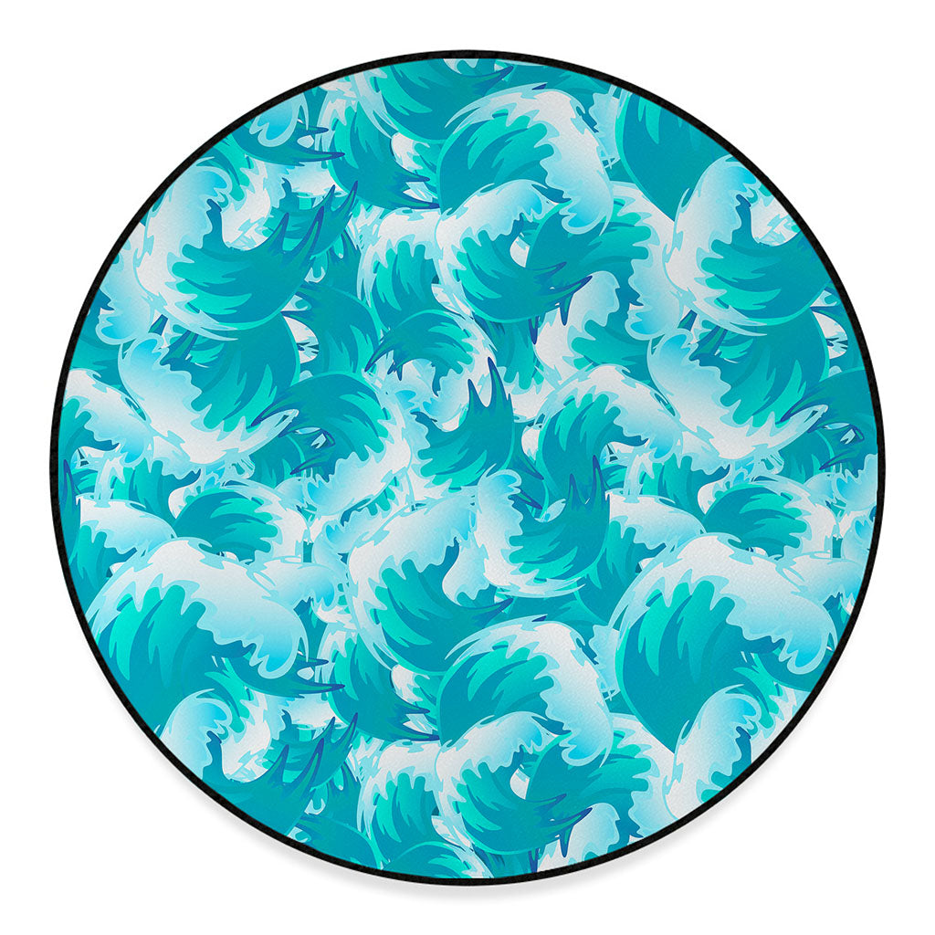 Blue Surfing Wave Pattern Print Round Floor Mat