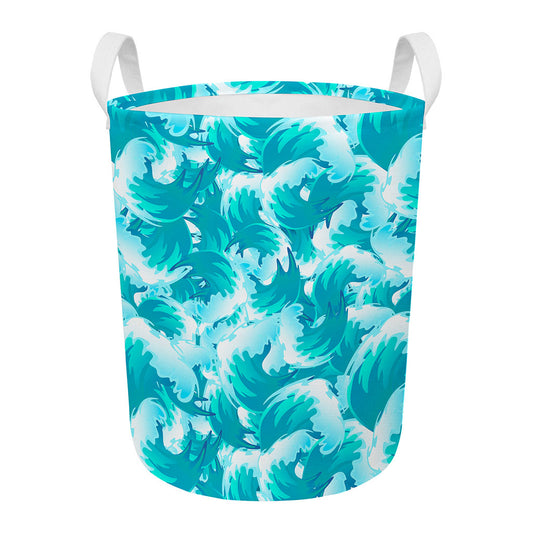Blue Surfing Wave Pattern Print Round Laundry Basket