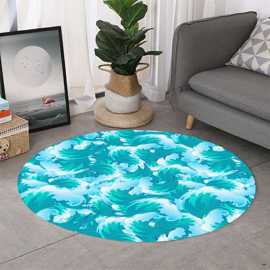 Blue Surfing Wave Pattern Print Round Rug
