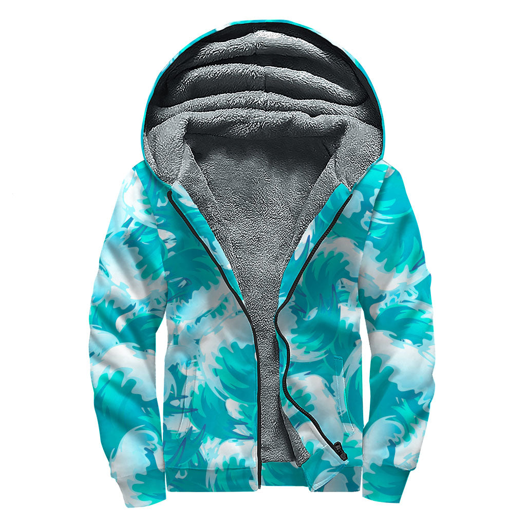 Blue Surfing Wave Pattern Print Sherpa Lined Zip Up Hoodie