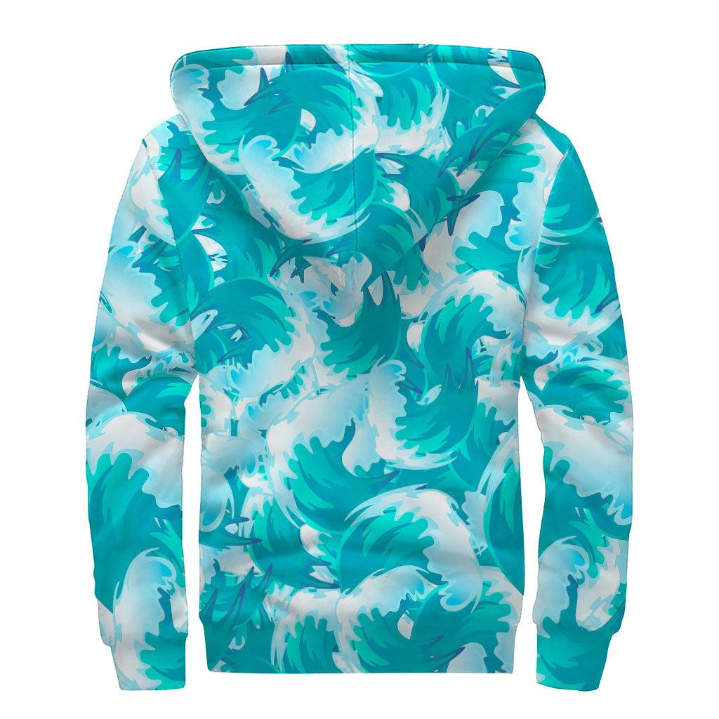Blue Surfing Wave Pattern Print Sherpa Lined Zip Up Hoodie