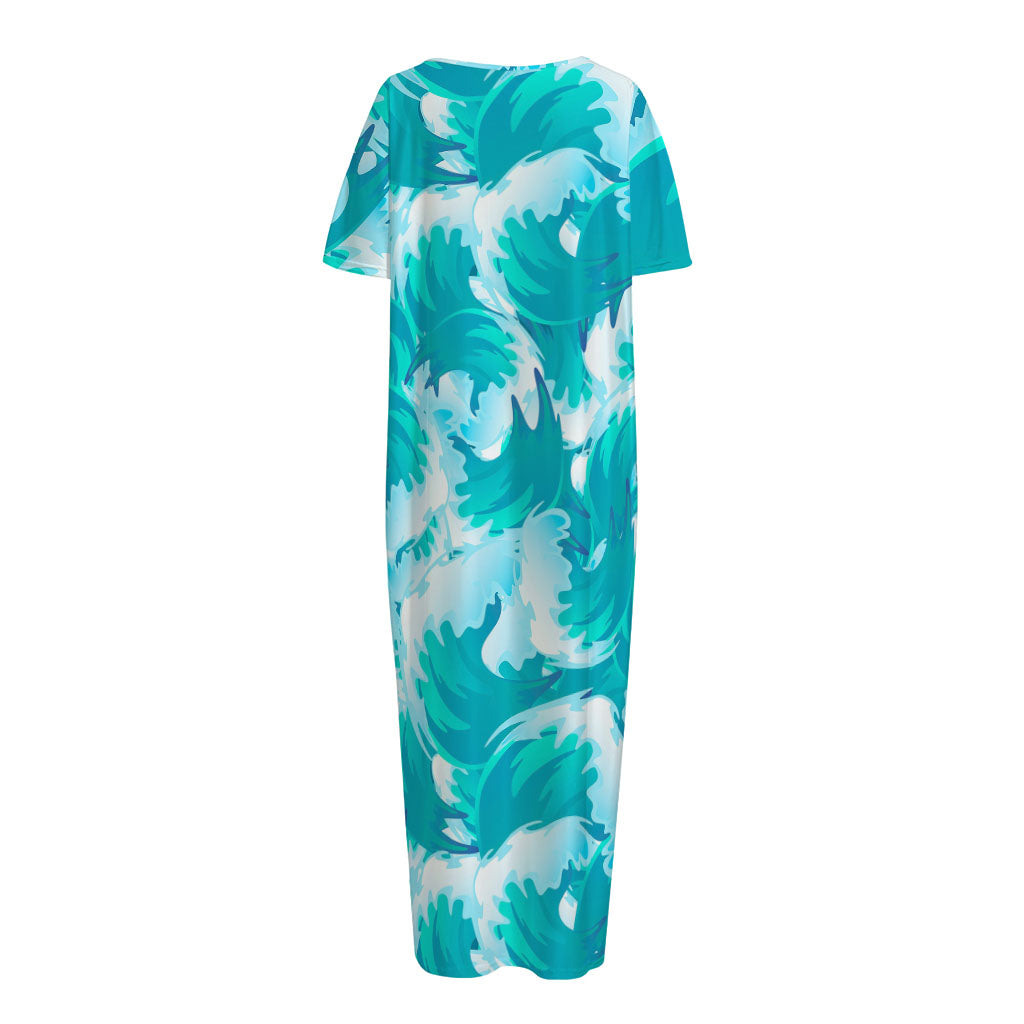 Blue Surfing Wave Pattern Print Short Sleeve Long Nightdress