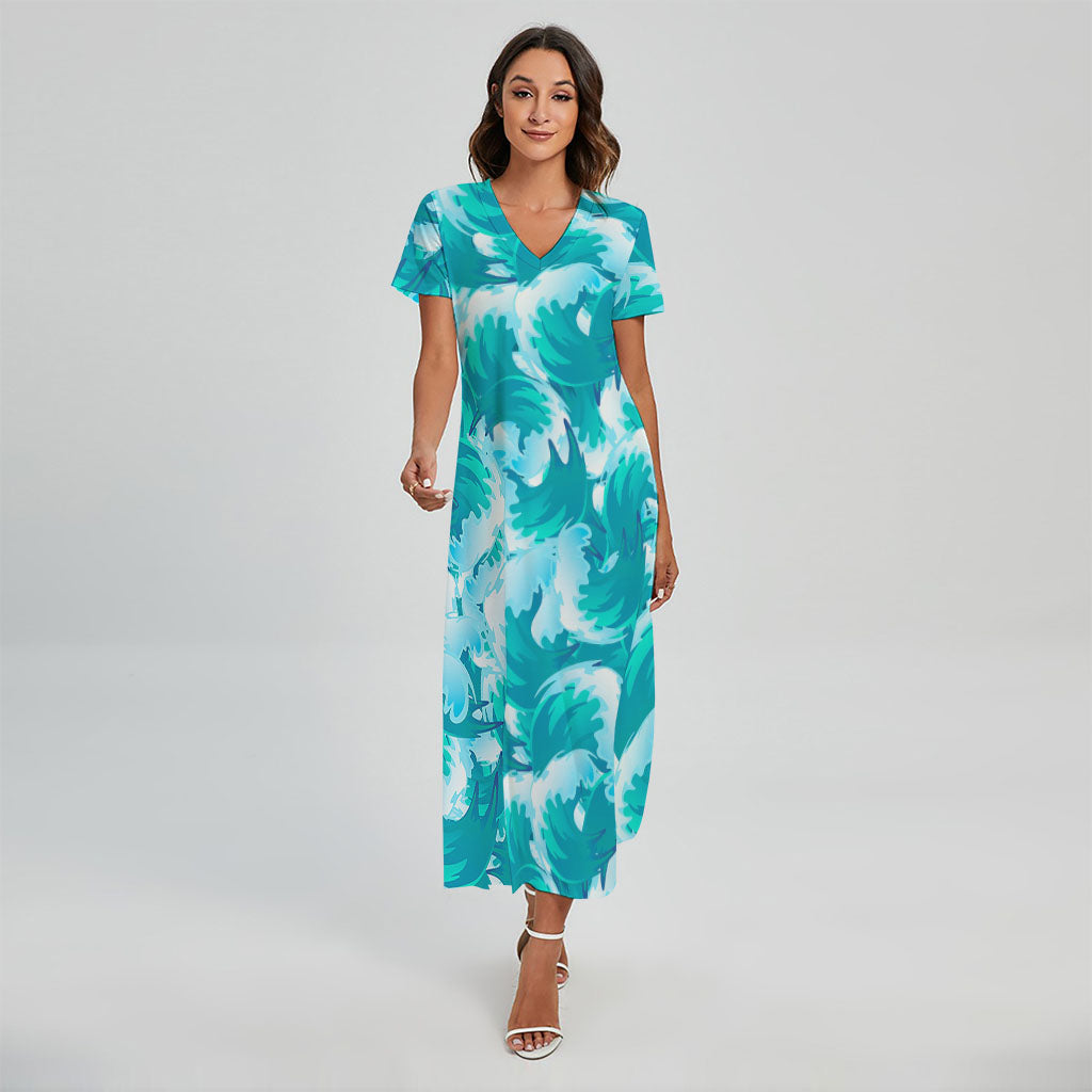 Blue Surfing Wave Pattern Print Short Sleeve Maxi Dress