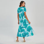 Blue Surfing Wave Pattern Print Short Sleeve Maxi Dress