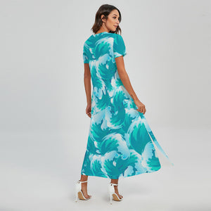 Blue Surfing Wave Pattern Print Short Sleeve Maxi Dress